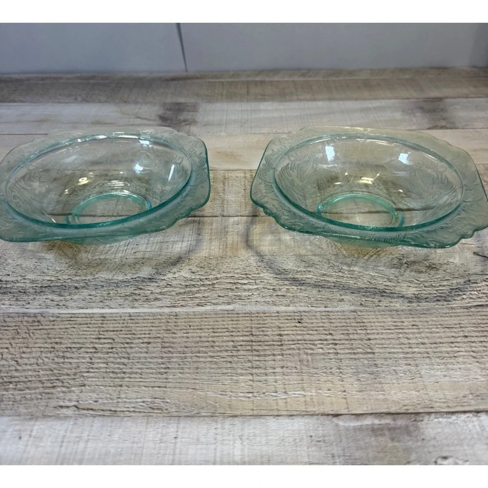 Vintage Aqua Teal Pressed Glass Square Bowl Floral Scroll Pattern Set Of 2 7in